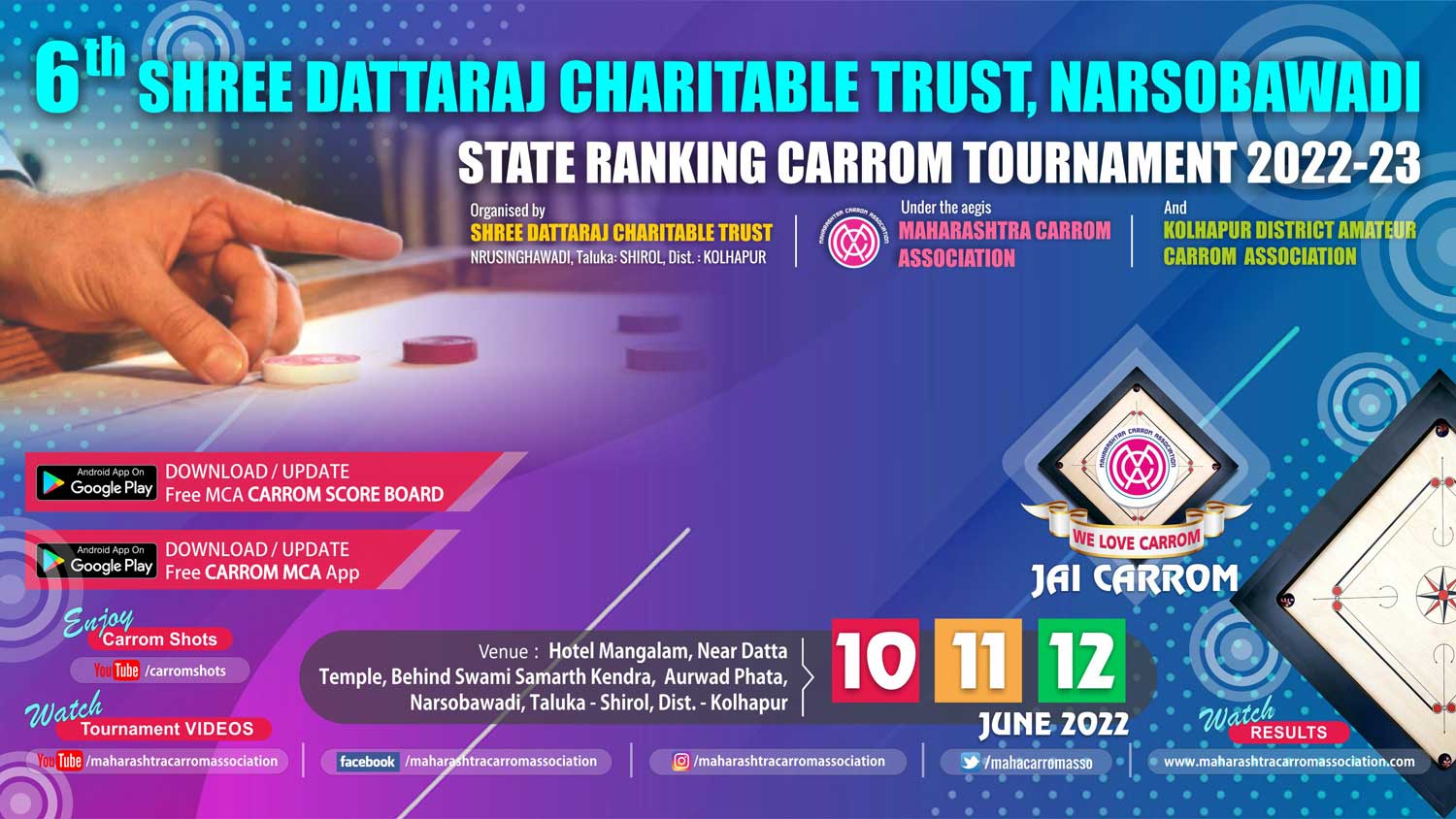 6th Shree Dattaraj Charitable Trust, Nrusinhawadi State Ranking Carrom Tournament  2022-23