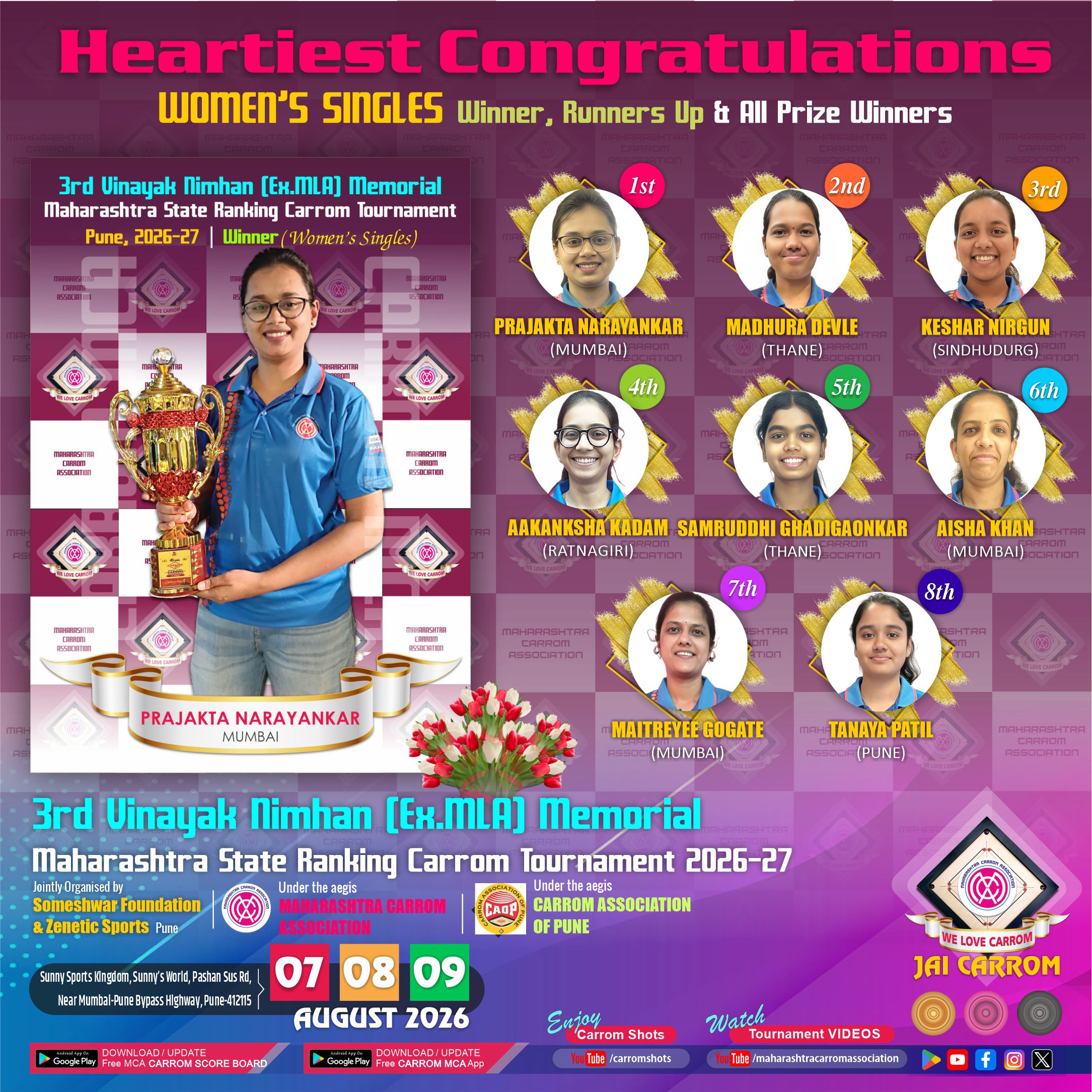 3rd Late Vinayak Nimhan Memorial State Ranking Carrom Tournament 2026-27