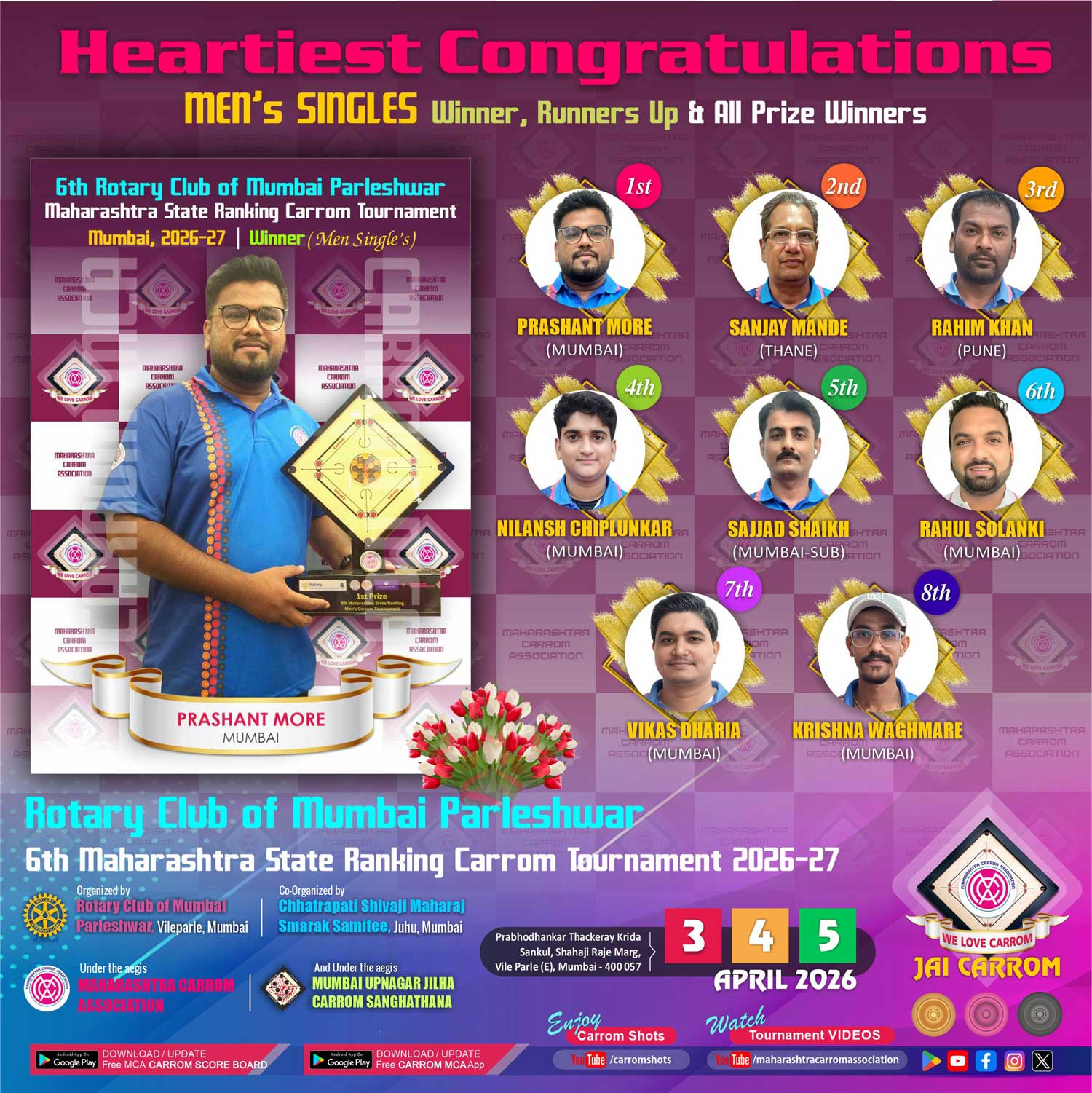 6th Rotary Club of Mumbai Parleshwar State Ranking Carrom Tournament 2026-27