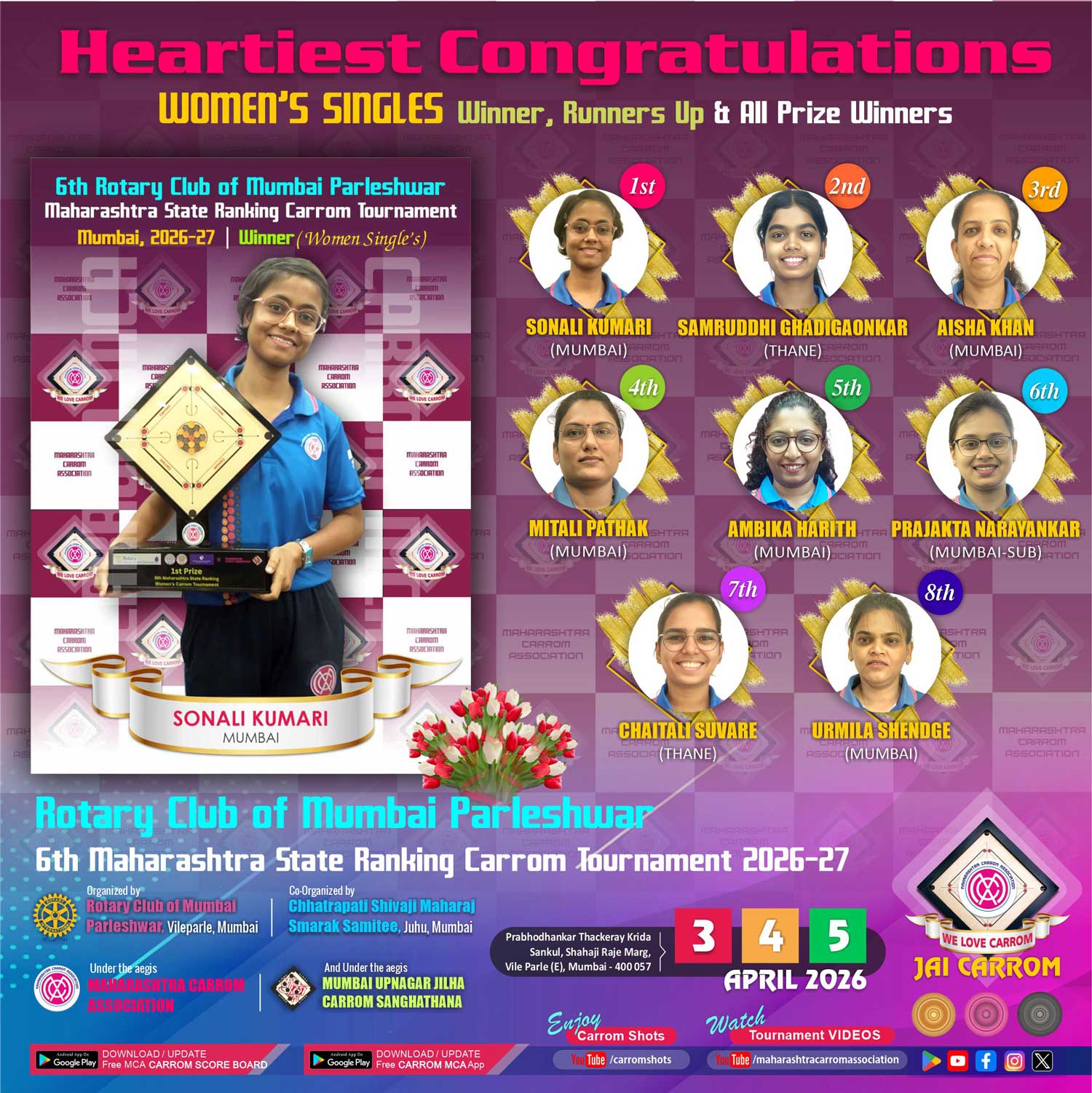 6th Rotary Club of Mumbai Parleshwar State Ranking Carrom Tournament 2026-27